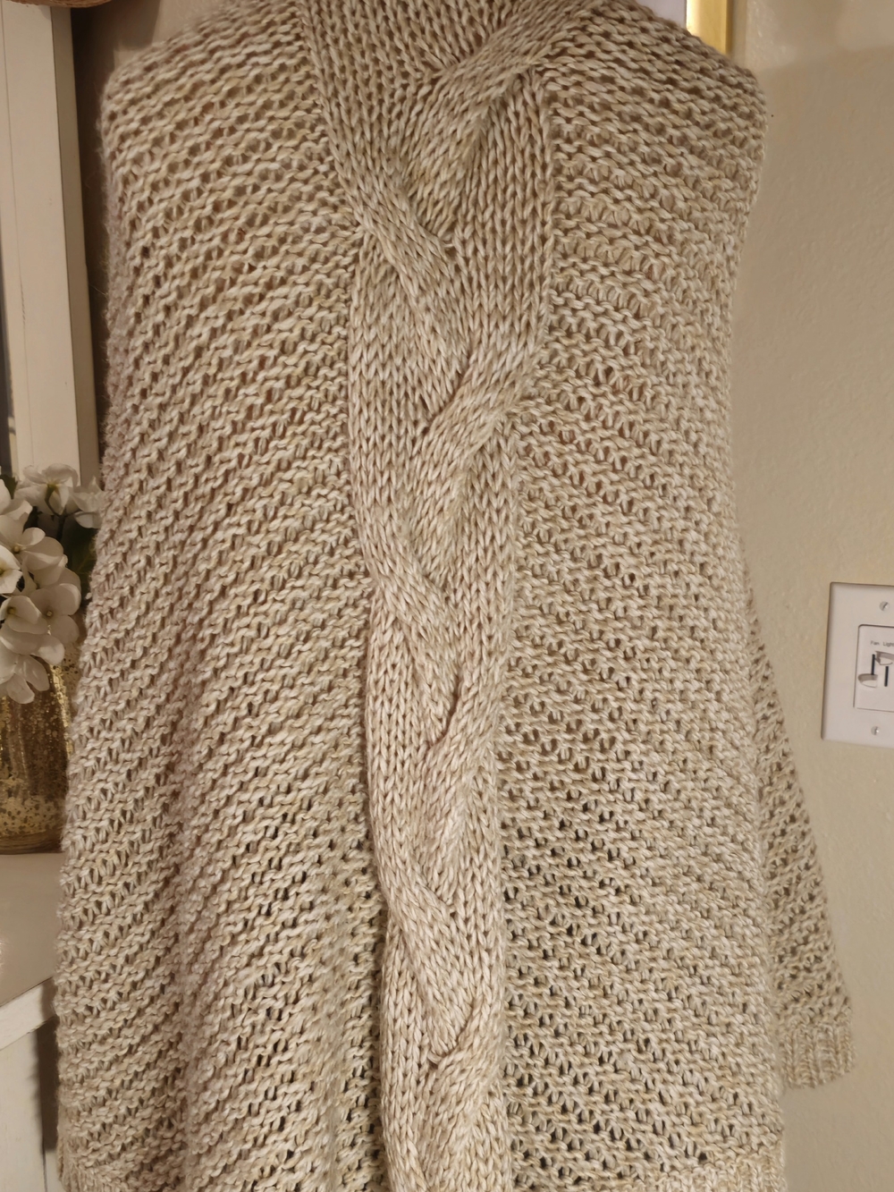 Turtleneck Cable-Knit Poncho Sweater - Beige - Picture 5 of 7